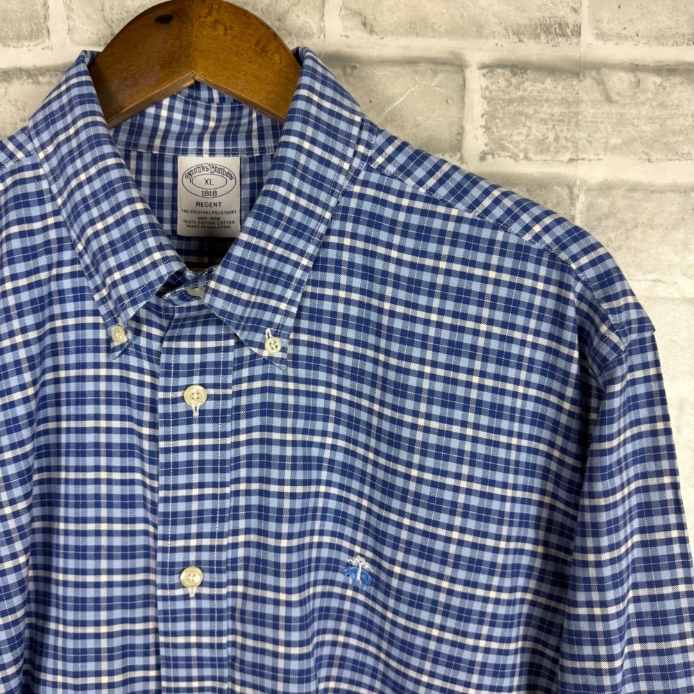 Brooks Brothers 1818 Regent Non-Iron Supima Cotton Check Shirt Blue White XL